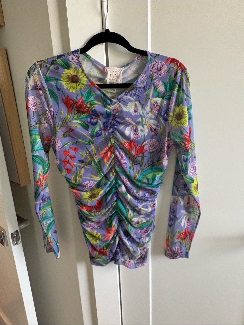Johnny Was Lavender Floral Ruched Long-Sleeve Top